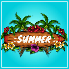 wooden surf board that says summer with tropical plants vector illustration