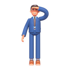 3d illustration of cheerful businessman covering his eyes from sun with hand and looking forward