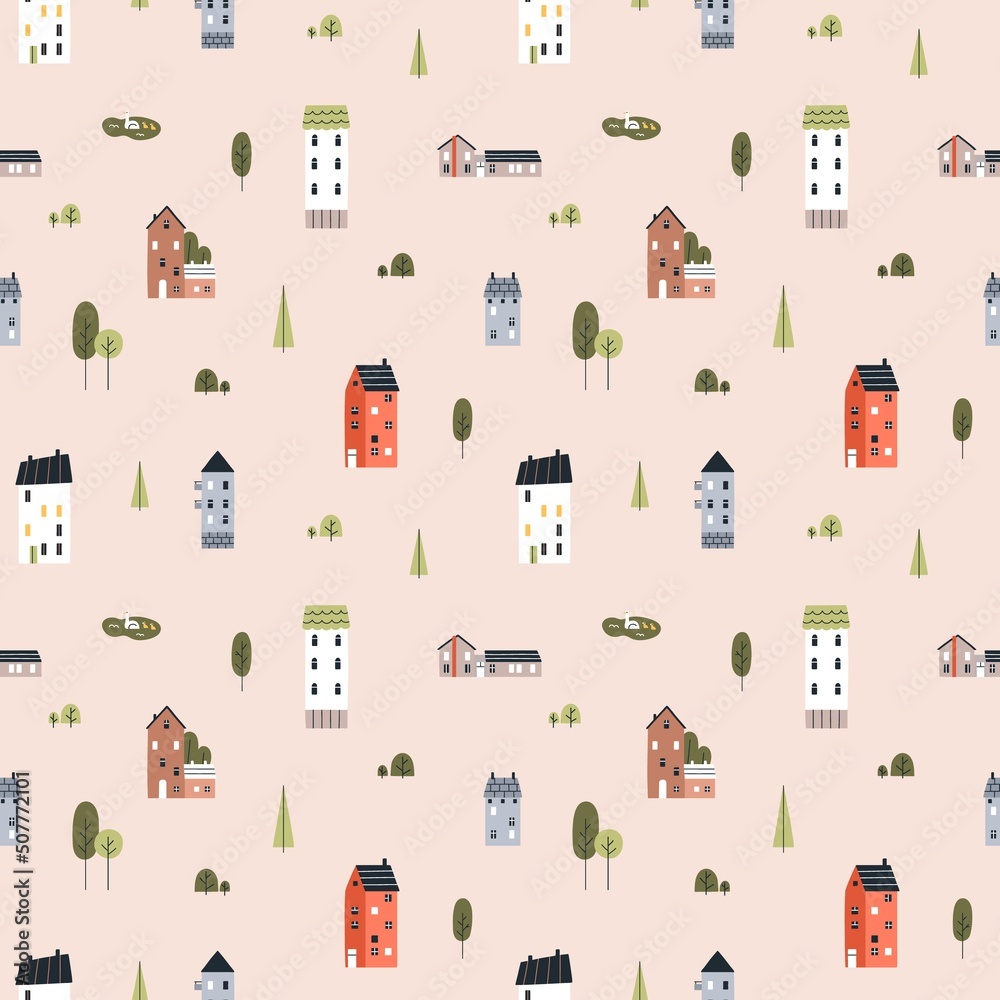 Aufkleber seamless scandinavian pattern with cute small houses, trees. endless background design with sweet li