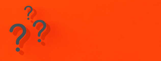 Obraz premium Question marks with shadow on red background.Technical support. Answers to questions. Banner for insertion into site. Place for text cope space. Horizontal image. 3D image. 3D rendering.