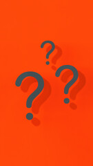Question marks with shadow on red background.Technical support. Answers to questions. Vertical image. 3D image. 3D rendering.