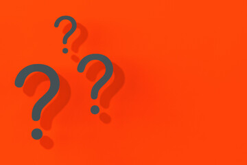 Question marks with shadow on red background.Technical support. Answers to questions. Horizontal image. 3D image. 3D rendering.