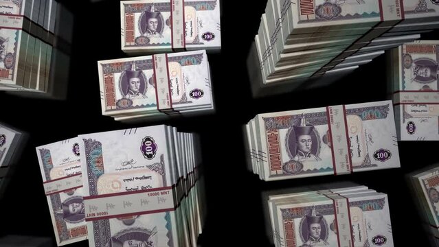 Mongolian Togrog, Tugrik money notes packs loop. 3D flight over 100 MNT banknotes stacks towers. Loopable seamless abstract background concept of business, economy crisis and finance in Mongolia.