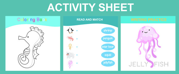 Activity sheet for children. Educational printable worksheet. Sea animal worksheet theme. Motor skills education. Vector illustrations.