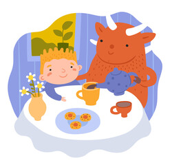 Children dreams. Little dreamer with fictional friend. Cute monster and kid drink tea at table. Imaginary animal. Bizarre creature and happy boy dining together. Vector babies imagination