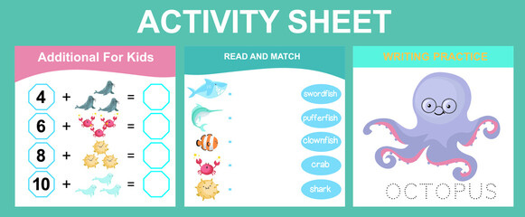Activity sheet for children. Educational printable worksheet. Sea animal worksheet theme. Motor skills education. Vector illustrations.