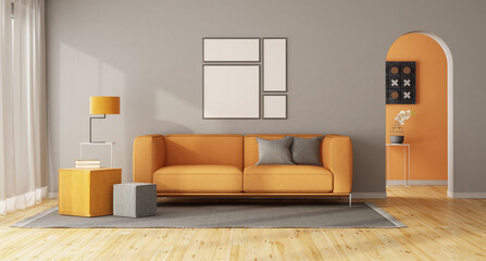 Modern gray and orange living room