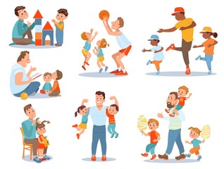 Father with kids. Dad daughter and son spend time together. Boy and girl with parent. Joint weekends. Man playing, walking and reading with children. Vector families leisure scenes set