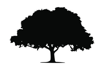 Single big Oak tree and leaves silhouette vector, isolated on white background, nature environment concept, fill with black color tree icon, oak symbol idea, side view, copy space 