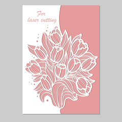 Template for laser cutting. Composition with a bouquet of tulips. Floral motifs. For the design of cards, wedding invitations, menus, congratulations and so on. For cutting any material. Vector
