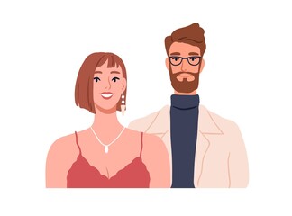 Happy man and woman, face portrait. Love couple of male and female smiling. Husband and wife together. Two romantic cheerful people. Flat graphic vector illustration isolated on white background