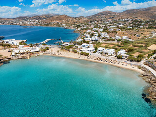 Aerial view of the popular and beautiful Agathopes beach, Syros island, Cyclades, Greece. with fine sand and emerald sea