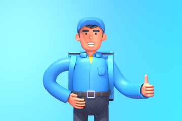 3d render of cheerful courier in blue uniform with delivery backpack showing thumbs up