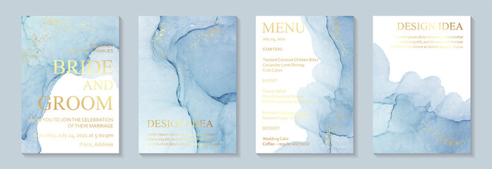 Modern watercolor background or elegant card design for birthday invite or wedding or menu with abstract blue ink waves and golden splashes.
