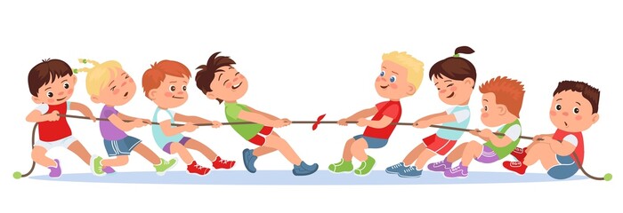 Kids pulling rope. Children teams playing tug of war. Groups sport game competition. Powerful challenge. Friends rivalry. Happy boys and girls fun battle. Strength contest. Vector concept