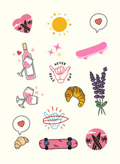 Surf And Wine Summer Sticker Pack. Simple Outline Drawings of Rose Wine, Surfboards, Shaka, Croissant, Sunset And More. Symbols of Love, Sun, Surfing And Chill.