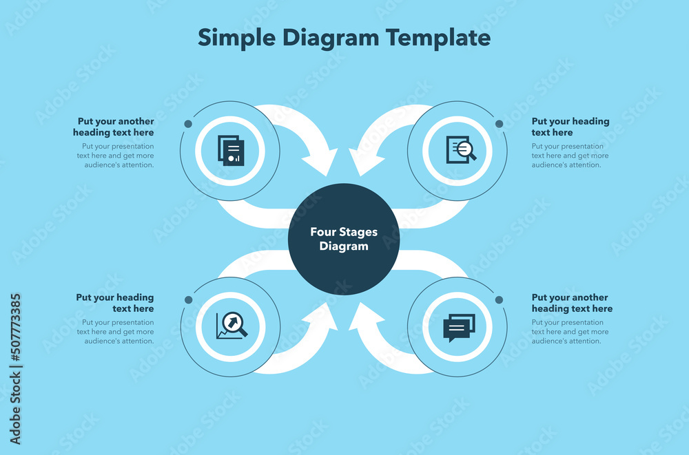 Poster Simple diagram template with four stages - blue version. Easy to use for your website or presentation.