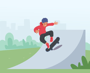 Young Boy in Modern Clothing Jumping on Skateboard. Skateboarder Preteen Child Male Character Outdoors Activity