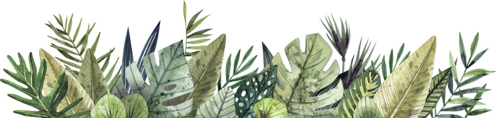 Tropical leaves watercolor hand drawn illustration. Tropical leaves border. - obrazy, fototapety, plakaty
