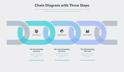 Chain diagram with 3 colorful process stages. Flat design, easy to use for your website or presentation. - obrazy, fototapety, plakaty