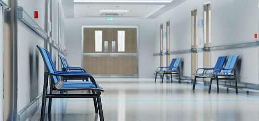Long white hospital corridor with rooms and seats 3D rendering. Empty accident and emergency interior with bright lights lighting the hall from the ceiling