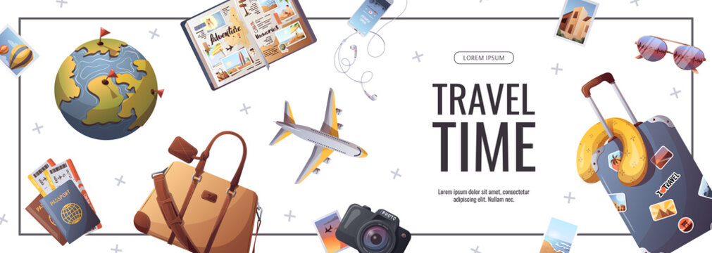 Banner for travel, tourism, adventure, journey. Suitcase, airplane and globe, camera, travel bag, passport and tickets. Vector illustration, flyer, cover, banner template.