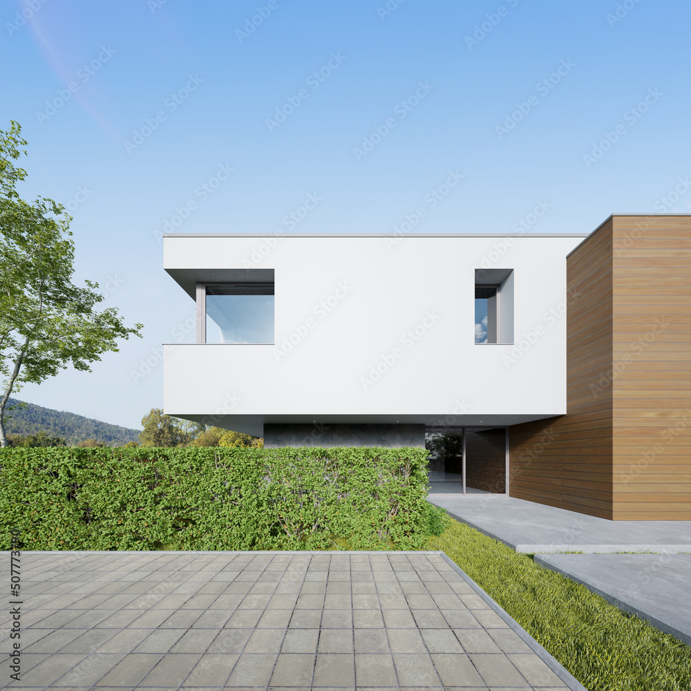 Poster 3d rendering of white modern house with concrete floor and lawn yard.