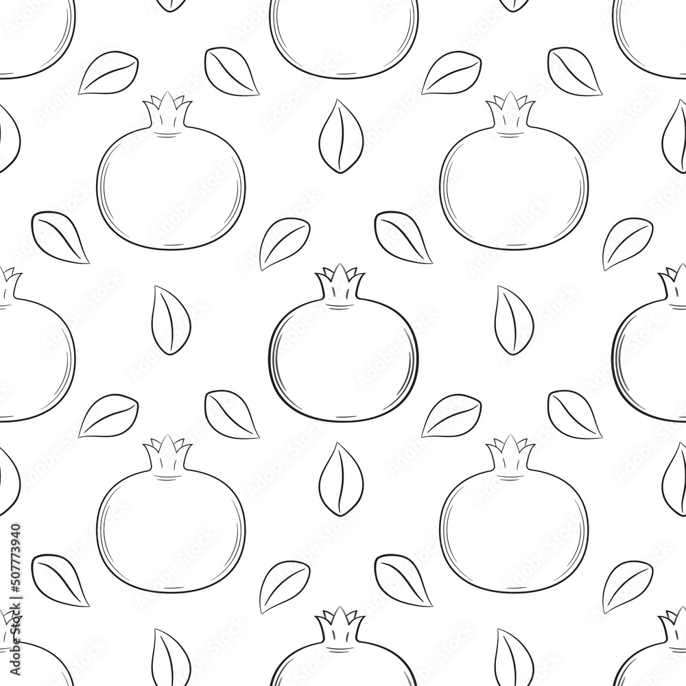 Sticker Monochrome black and white fruit seamless pattern. Hand-drawn with pomegranates and leaves. Simple outline background for web design, product packaging,napkins, backdrops. vector illustration on white