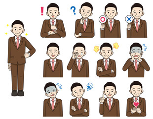 ミドル男性ビジネスマン表情色々セット＿線画