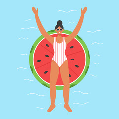 Beautiful woman in a swimsuit is lying on a watermelon-shaped rubber ring. Young girl relaxing by the ocean or the sea. Summer vacation concept, pool party. Flat vector illustration.