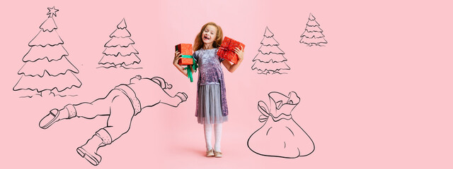 Artwork with cute kid, little girl with big gift box isolated on pink background with pencil sketch...