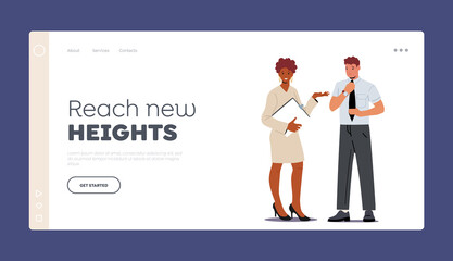 Obraz premium Office Employees, Workers Landing Page Template. Business Characters Man and Woman Wear Formal Suits Communicate