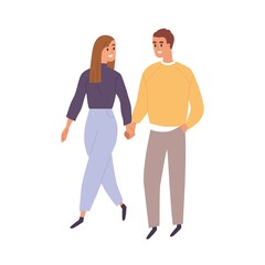 Love couple walking outdoors, holding hands, talking. Happy smiling young man and woman strolling, going. Romantic people lovers rendezvous. Flat vector illustration isolated on white background