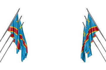 Obraz premium beautiful many Democratic Republic of Congo flags hangs on in corner poles from left and right sides isolated on white - any occasion flag 3d illustration..