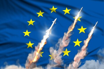 European Union ballistic warhead launch - modern strategic nuclear rocket weapons concept on flag fabric background, military industrial 3D illustration with flag