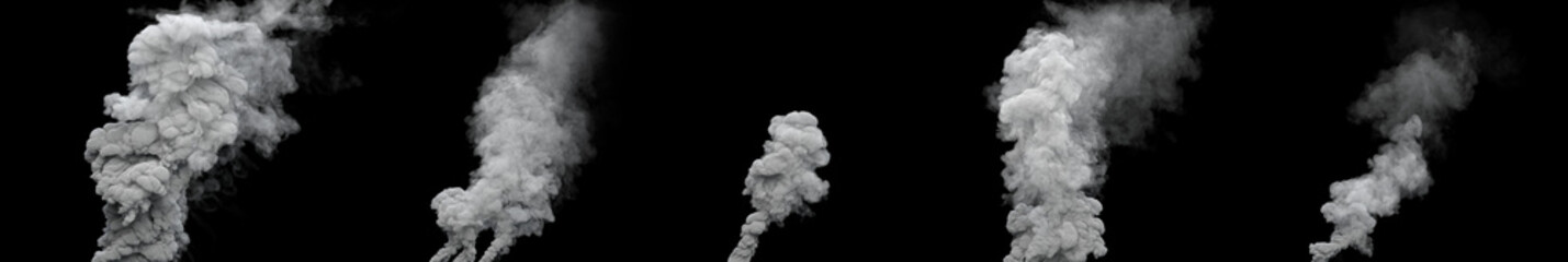 5 grey defilement smoke columns from power station on black, isolated - industrial 3D illustration