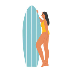 Summer holidays. A young girl wearing a swimsuit on the beach with a surfboard. Vacation season by the sea or the ocean. Rest and activity. Healthy lifestyle. Surfing. Flat vector illustration.