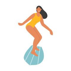 Summer holidays on the beach. Young girl in a swimsuit is surfing. Vacation season by the sea or the ocean. Rest and activity. Healthy lifestyle. Surfing. Flat vector illustration.
