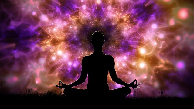 A female silhouette sitting in the lotus position on the grass, meditating while absorbing the empowering energy from the universe.