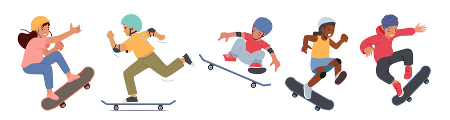 Fototapeta na wymiar Set Boys and Girls Skateboarding Activity. Children Skating on Longboard, Jump and Make Stunts and Tricks on Skateboard