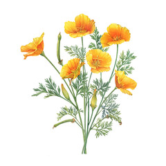 Bouquet with golden California sunlight flower (Eschscholzia, cup of gold, tufted desert gold poppy, Mojave poppy). Hand drawn watercolor painting illustration isolated on white background. - 507775137