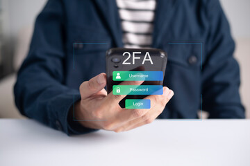 Businessman using smartphone and touching virtual screen for two-factor authentication for safety use of social networks and access to information privacy