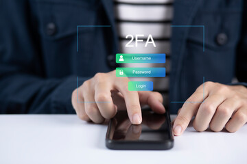 Businessman using smartphone and touching virtual screen for two-factor authentication for safety use of social networks and access to information privacy