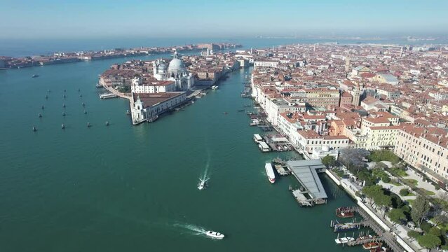 Aerial view of St Mark's square, Grand Canal and Dogana da Mar, Venice, Veneto, Italy, Europe