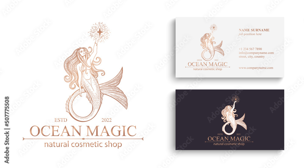 Wall mural Mermaid logo. Brand template vector illustration. Siren and marine girl with a tail. Vintage Hand drawn vector illustration for logo and poster