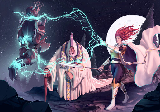 Illustration de fantaisie &eacute;pique d'un magicien combattant un guerrier la nuit, art num&eacute;rique, peinture