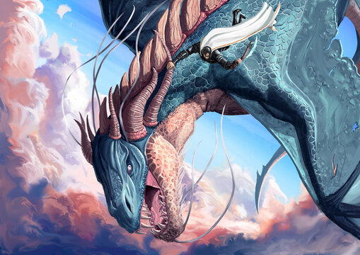 Illustration &eacute;pique et color&eacute;e d'un paysage fantastique avec un dragon bleu combattant un guerrier dans le ciel, art num&eacute;rique, peinture