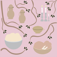 Three Shabbat candlesticks, challah dough, meat, purees and nectar The items are intended for an additional sacrifice in the Jewish Temple in Jerusalem. Floral background for lighting candles. vector
