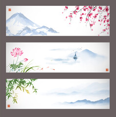 Three banners with mountains, sakura blossom, bamboo and lotus flowers. Traditional oriental ink painting sumi-e, u-sin, go-hua. Hieroglyph - clarity.