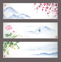 Three banners with mountains, sakura blossom, bamboo and lotus flowers. Traditional oriental ink painting sumi-e, u-sin, go-hua. Hieroglyph - clarity. © elinacious
